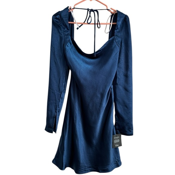 Lulus Adoring Charm Dark Blue Satin Long Sleeve Backless Mini Dress Size S NWT - Picture 4 of 17